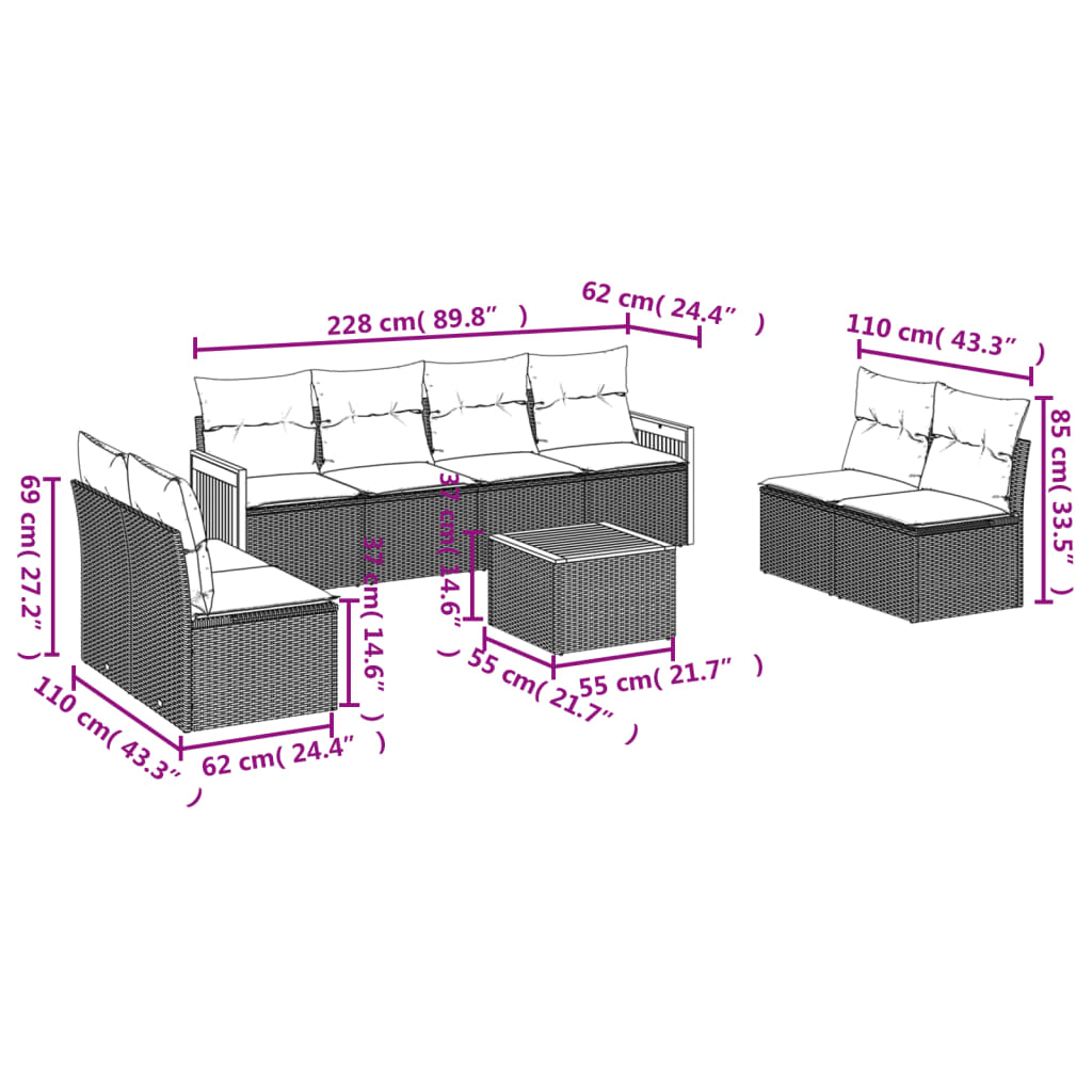 vidaXL Set Divani da Giardino 9 pz con Cuscini Nero in Polyrattan