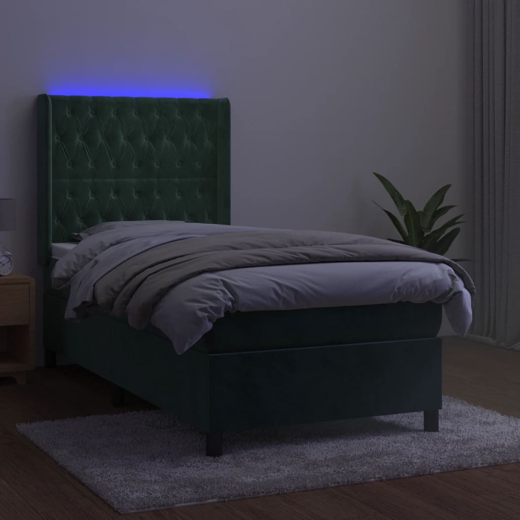 vidaXL Letto a Molle con Materasso e LED Verde Scuro 90x200cm Velluto