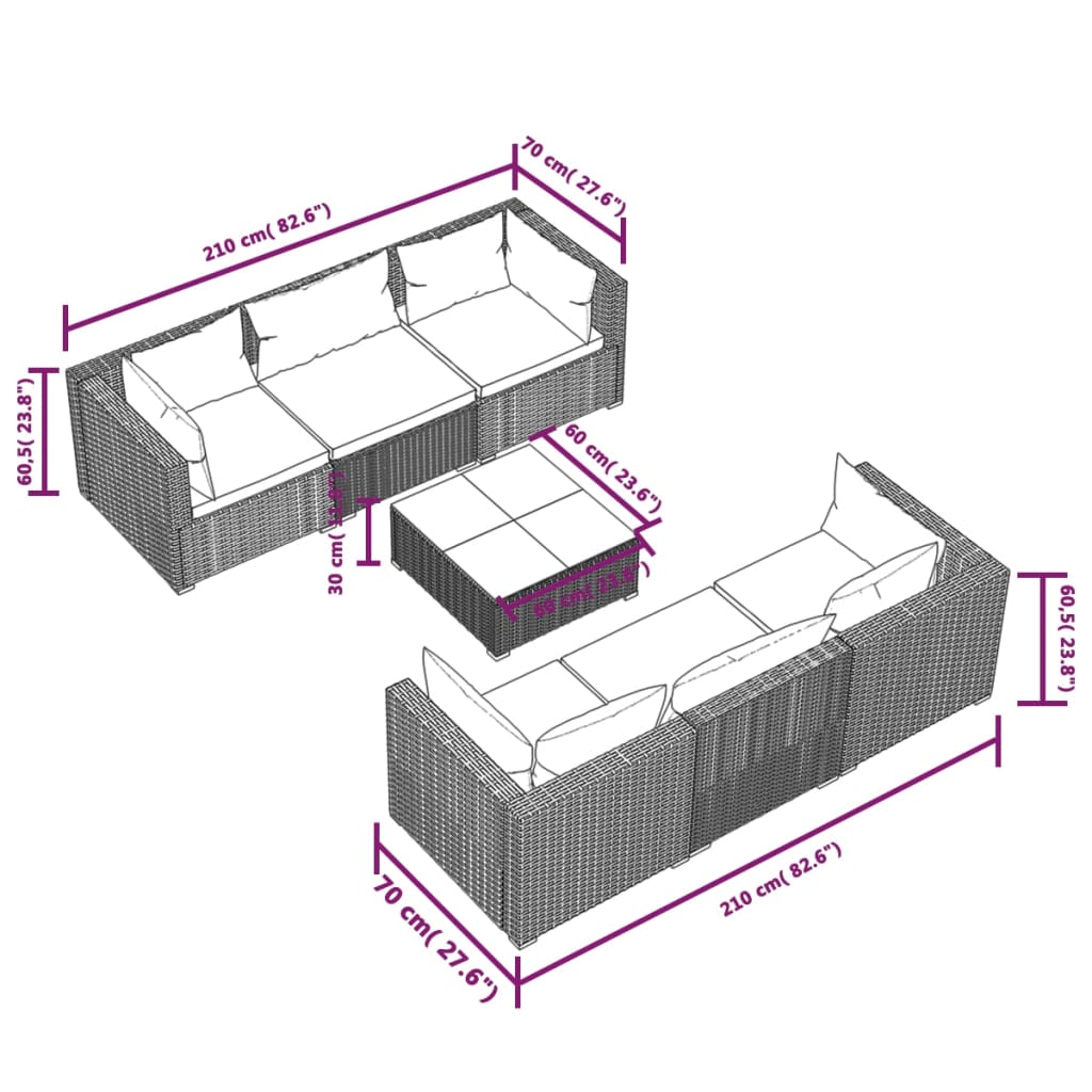 vidaXL Set Divani da Giardino 7 pz con Cuscini in Polyrattan Nero