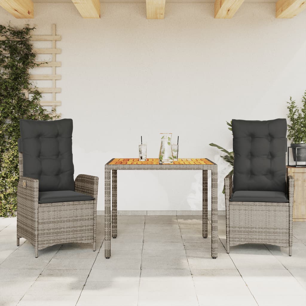 vidaXL Set da Pranzo da Giardino 3 pz con Cuscini in Polyrattan Grigio