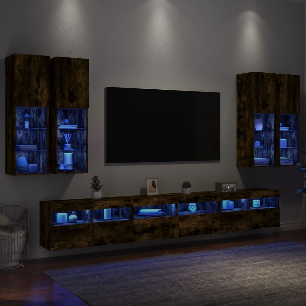 vidaXL Set Mobili TV a Muro 7 pz con Luci LED Rovere Fumo