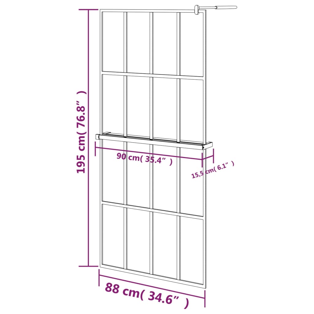 vidaXL Parete Doccia Walk in Mensola Nera 90x195cm Vetro ESG Alluminio