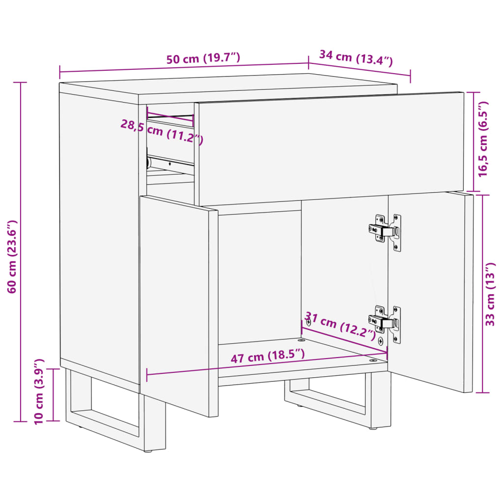 vidaXL Comodino 50x34x60 cm in Legno Massello di Acacia