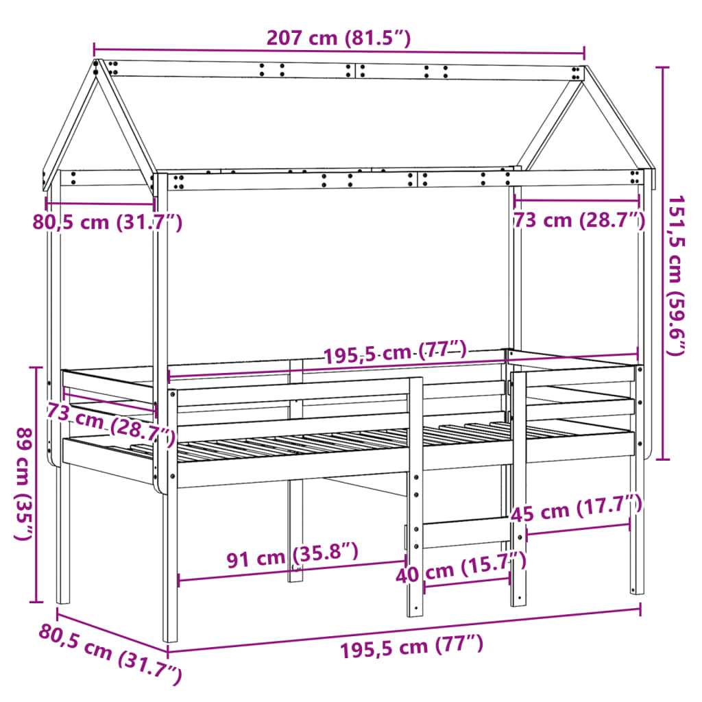 vidaXL Letto a Soppalco con Tetto Cera 75x190cm Legno Massello di Pino