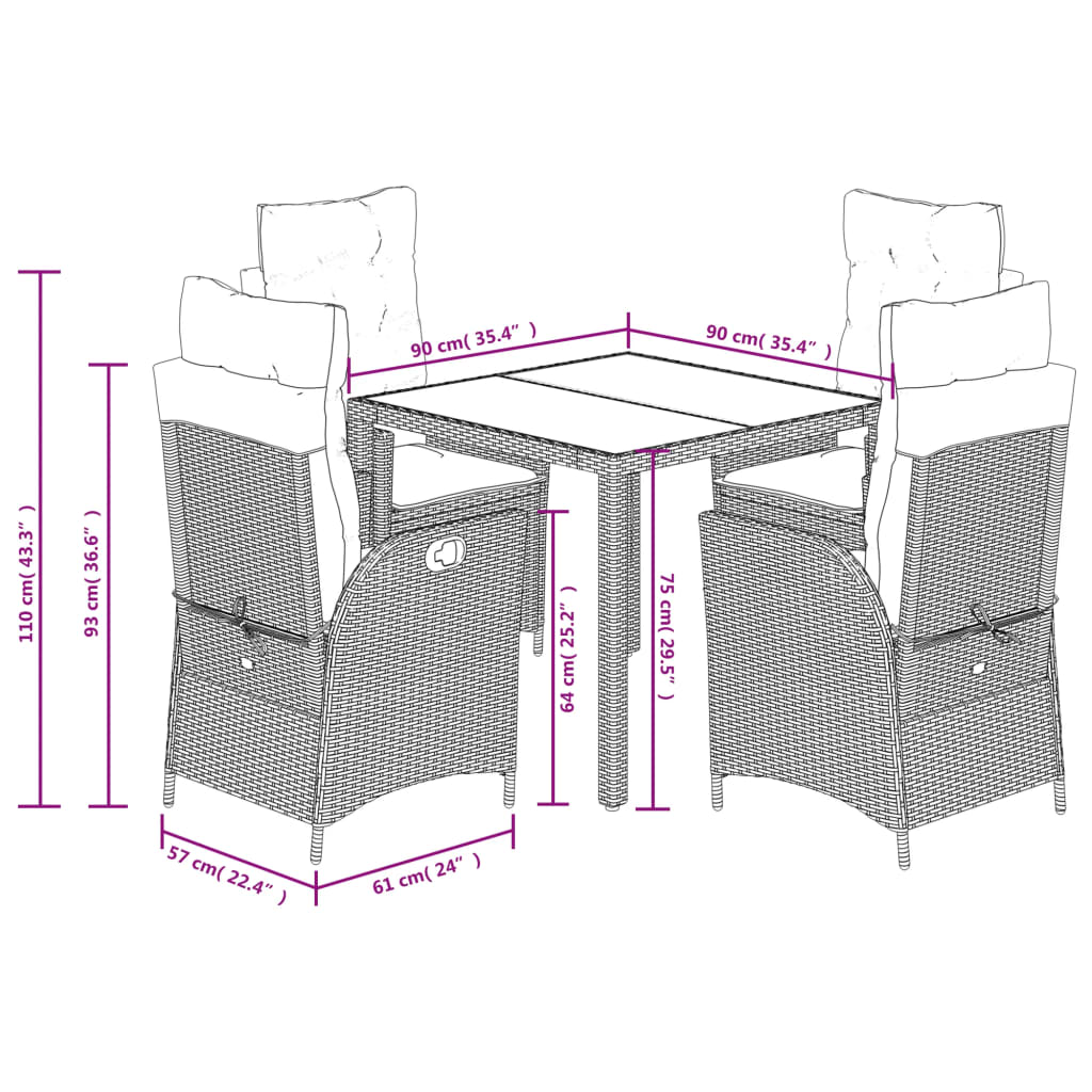 vidaXL Set da Pranzo da Giardino 5 pz Nero con Cuscini in Polyrattan