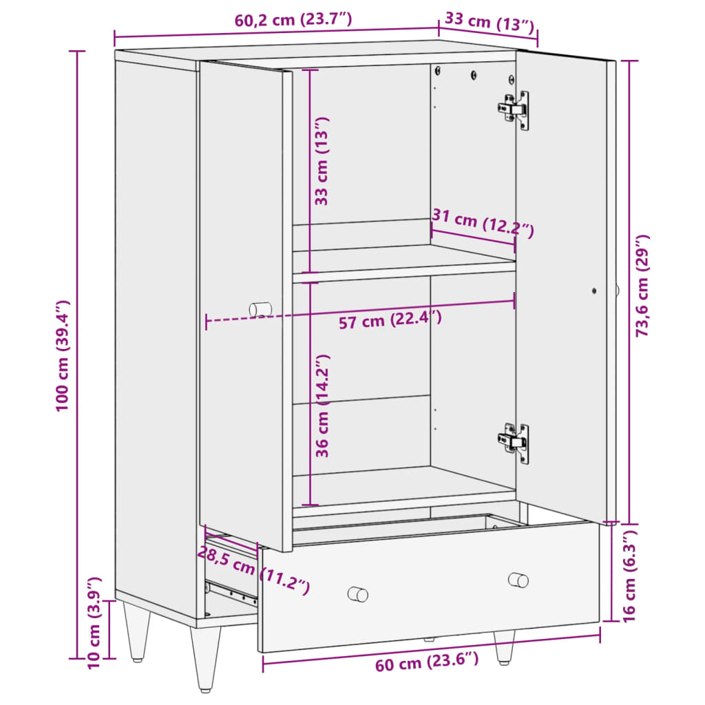 vidaXL Credenza 60x33x110 cm in Legno Massello di Mango