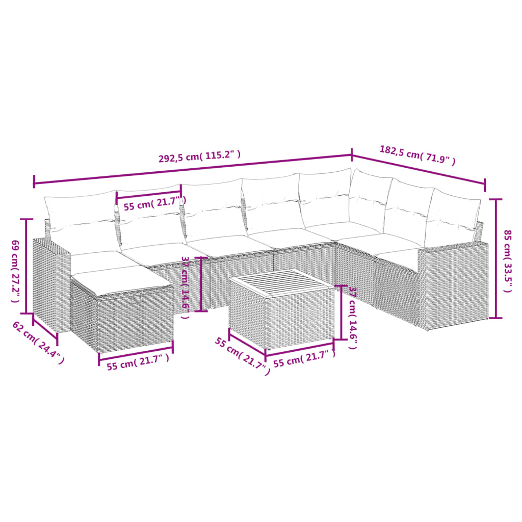 vidaXL Set Divano da Giardino 9 pz con Cuscini Beige Misto Polyrattan