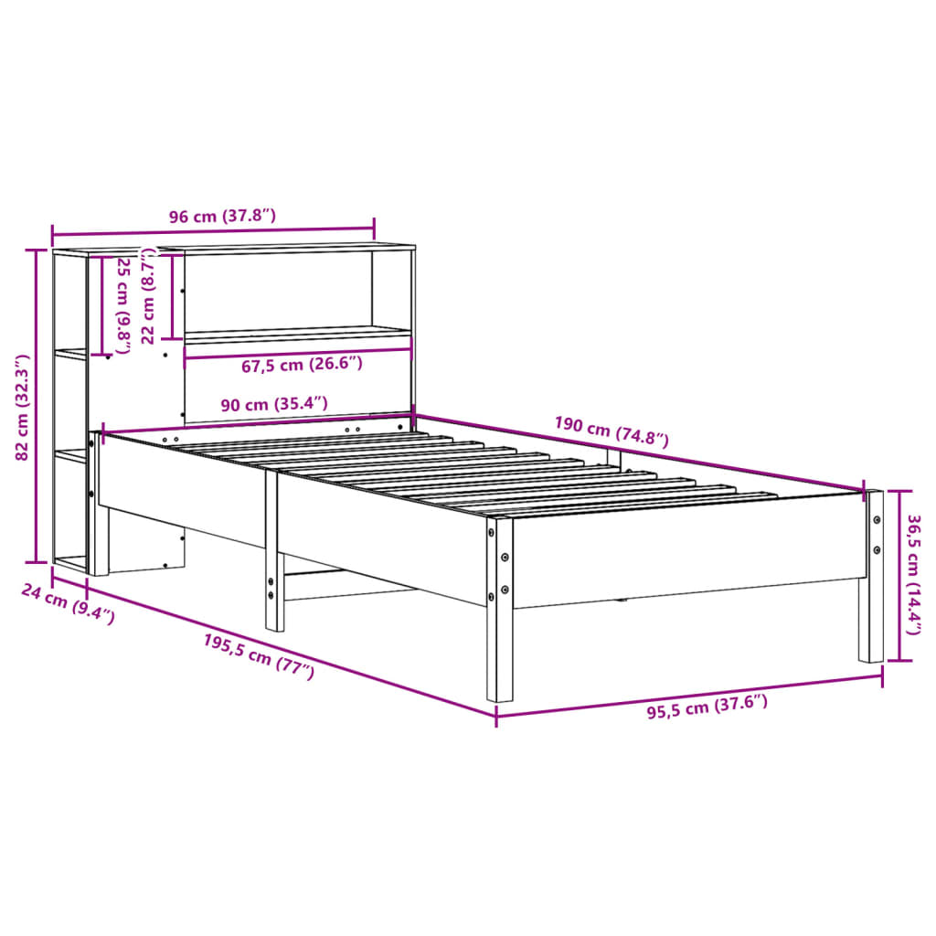 vidaXL Letto Libreria senza Materasso 90x190 cm Legno Massello Pino