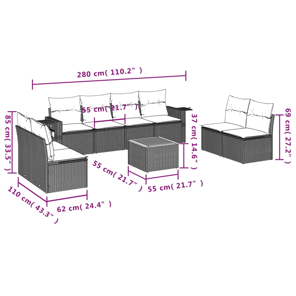 vidaXL Set Divano da Giardino 9 pz con Cuscini Grigio in Polyrattan