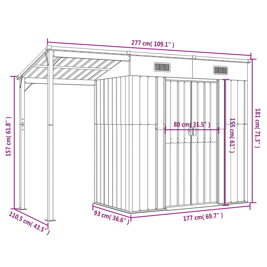 vidaXL Capannone Tetto Esteso Marrone Chiaro 277x110,5x181cm Acciaio