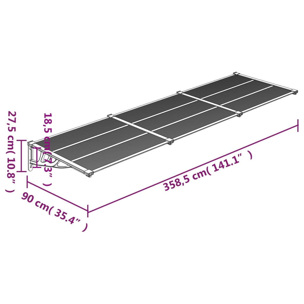 vidaXL Tettoia per Porta Nero e Trasparente 358,5x90 cm Policarbonato