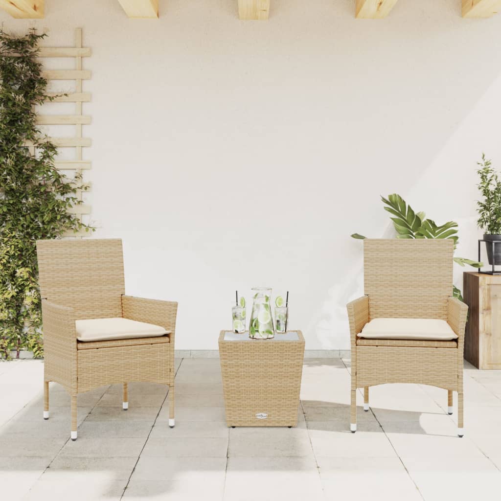 vidaXL Set da Bistrò 3 pz con Cuscini Beige Polyrattan e Vetro