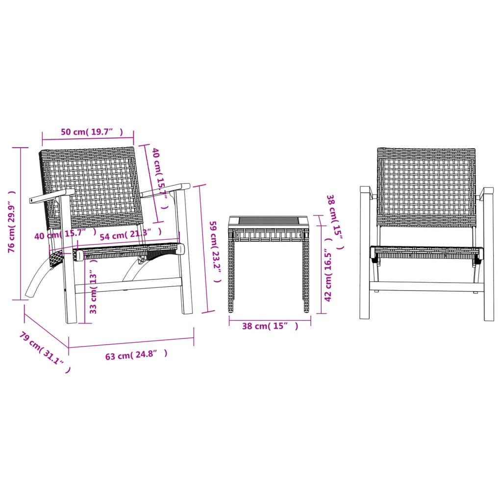 vidaXL Set da Bistrot 3 pz Nero in Polyrattan e Legno Massello Acacia