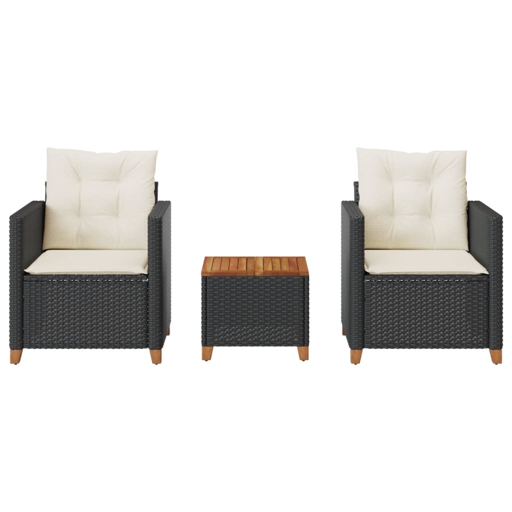 vidaXL Set da Bistrò 3 pz con Cuscini Nero Polyrattan e Legno Acacia