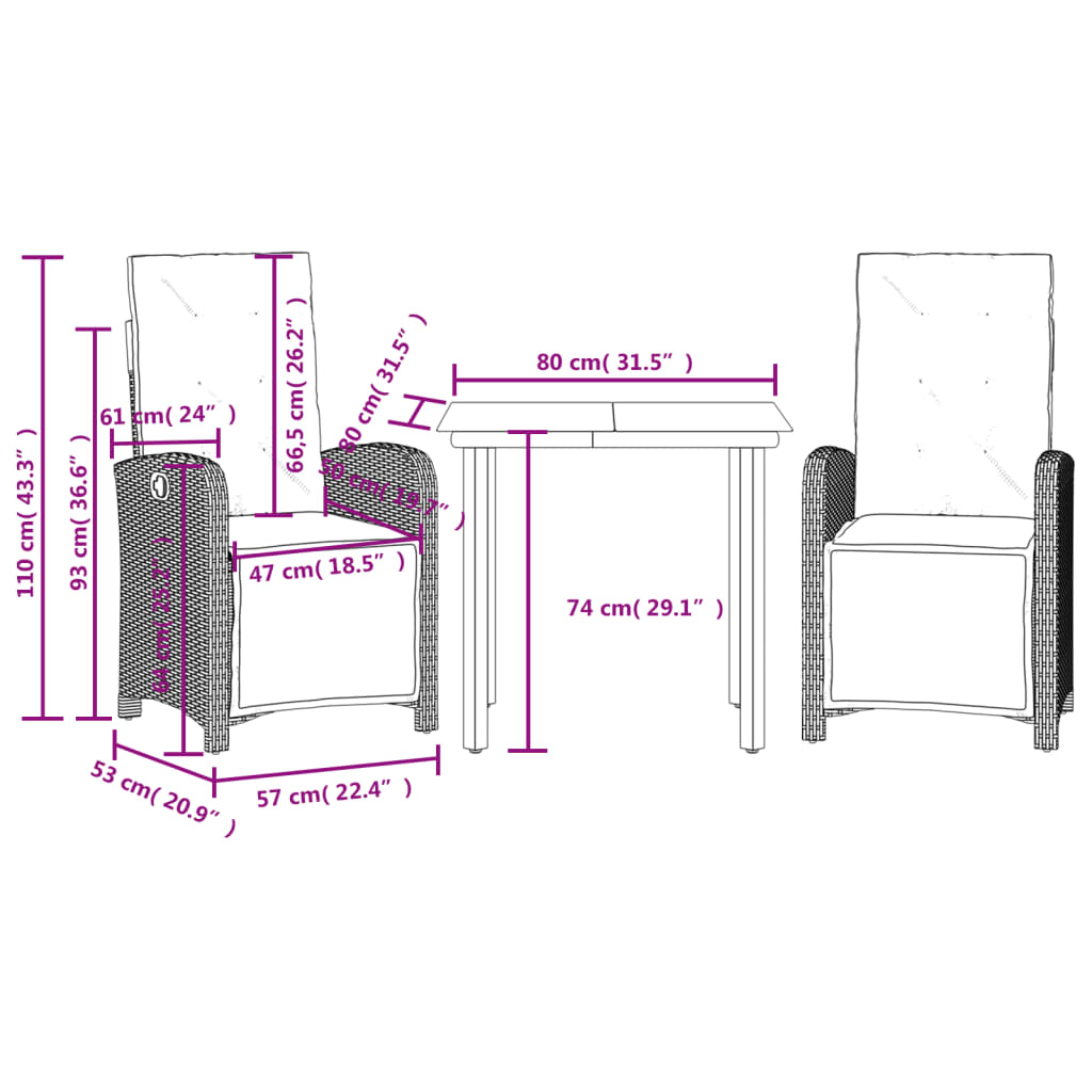 vidaXL Set da Bistrò 3 pz con Cuscini Beige in Polyrattan