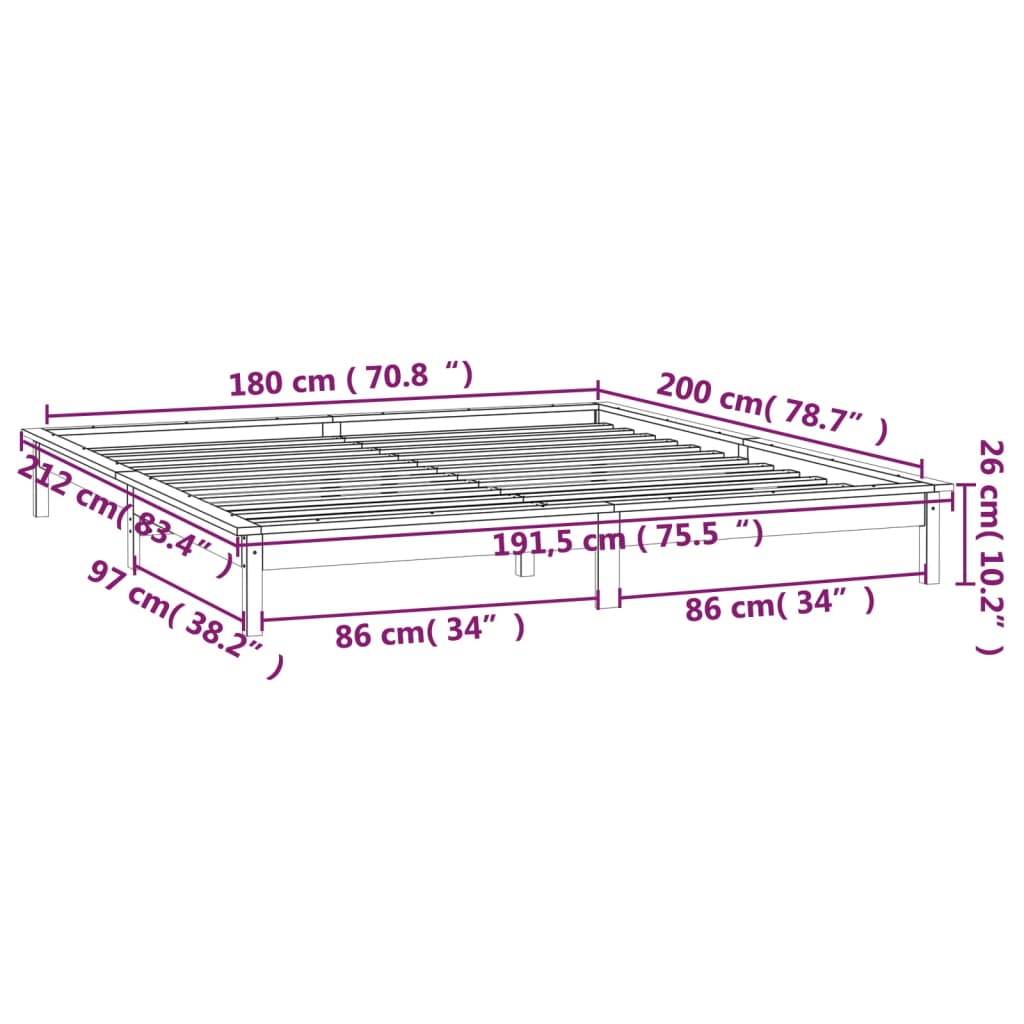 vidaXL Giroletto LED Grigio 180x200 cm Super King Legno Massello