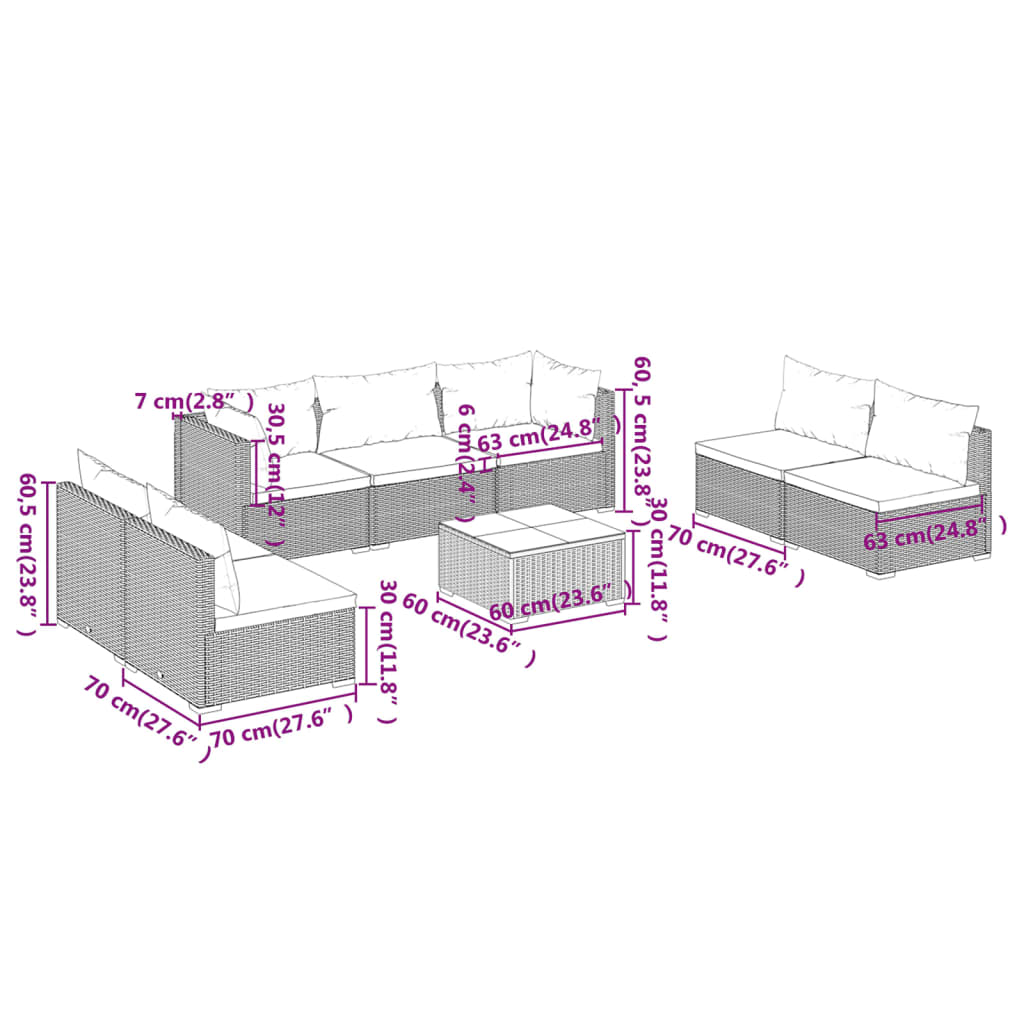 vidaXL Set Divani da Giardino 8 pz con Cuscini in Polyrattan Grigio