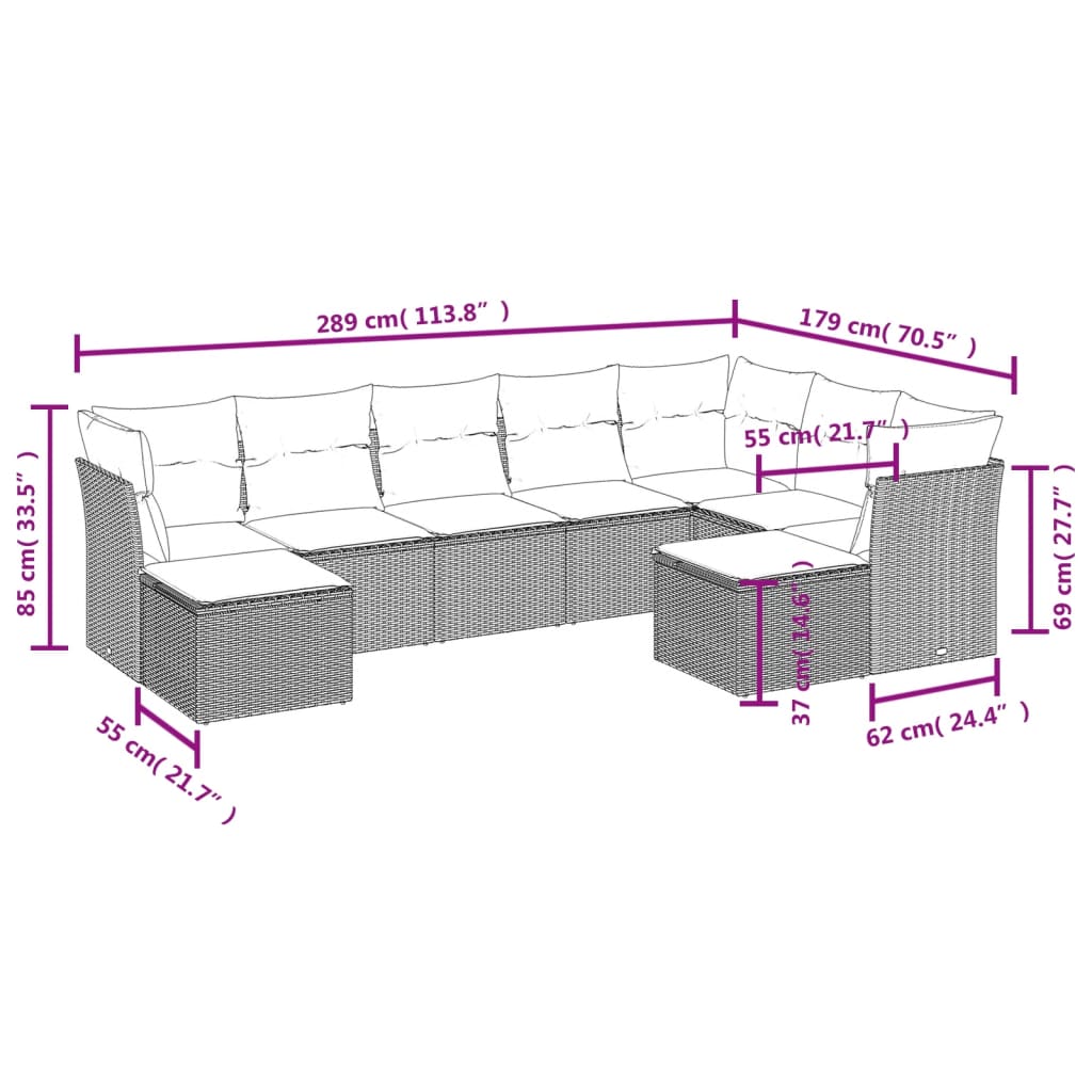 vidaXL Set Divano da Giardino 9 pz con Cuscini Grigio in Polyrattan