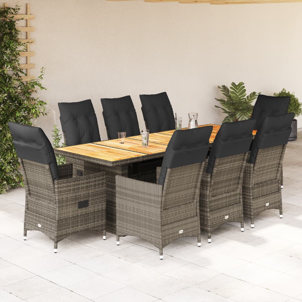 vidaXL Set Bistrò da Giardino 9 pz con Cuscini in Polyrattan Grigio