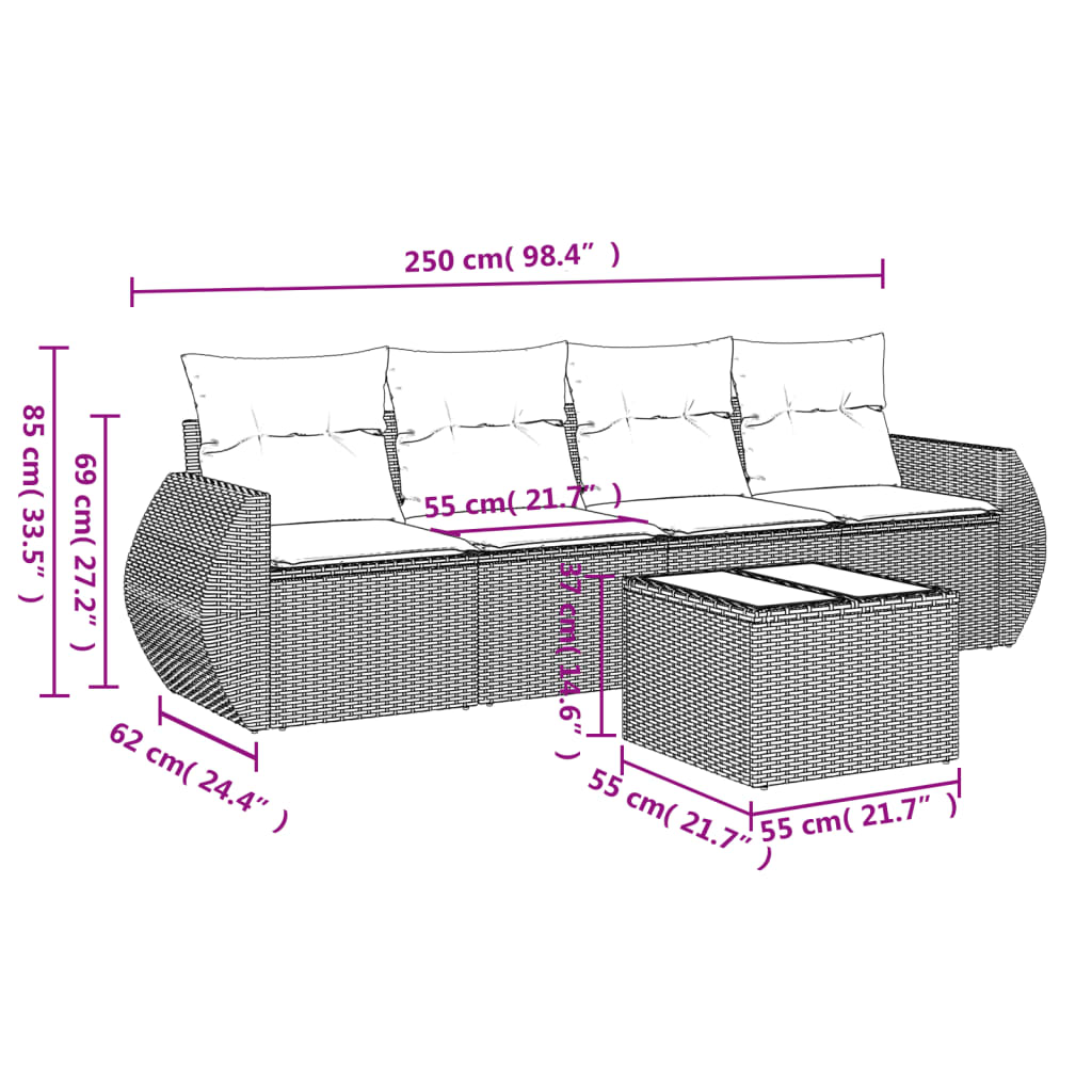 vidaXL Set Divani da Giardino 5 pz con Cuscini in Polyrattan Nero