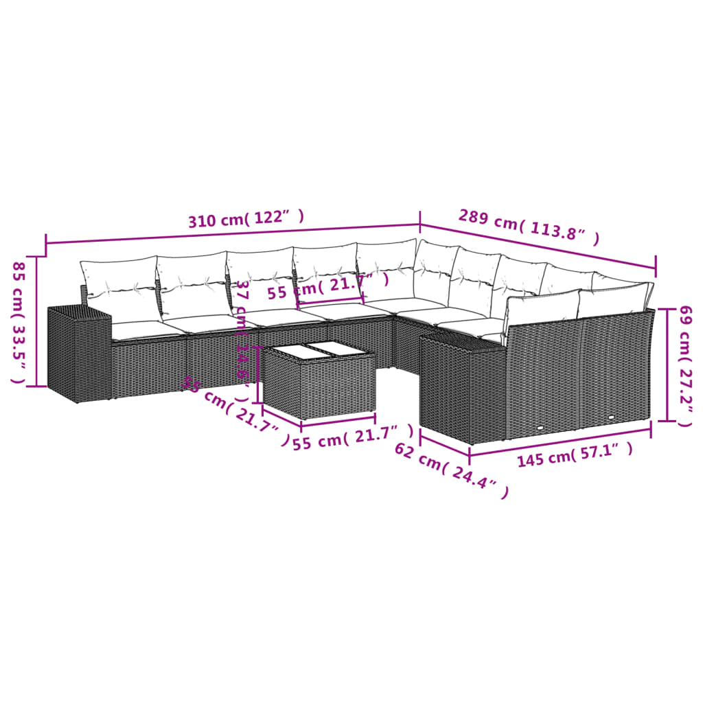 vidaXL Set Divani da Giardino 11 pz con Cuscini in Polyrattan Grigio