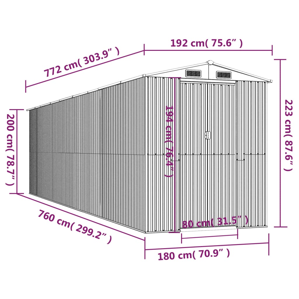 vidaXL Capanno da Giardino Verde 192x772x223 cm Acciaio Zincato