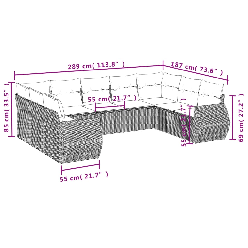 vidaXL Set Divano da Giardino 9 pz con Cuscini Beige in Polyrattan