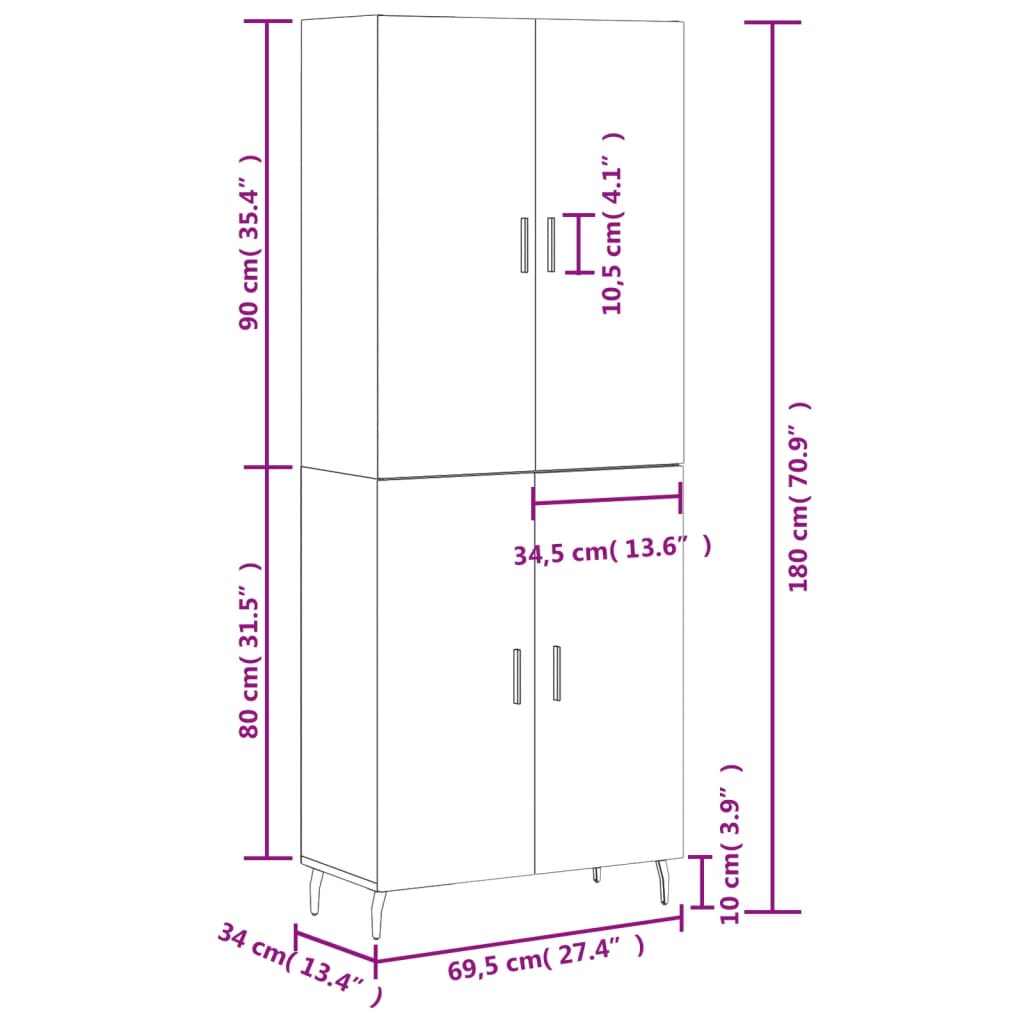 vidaXL Credenza Grigio Sonoma 69,5x34x180 cm in Legno Multistrato