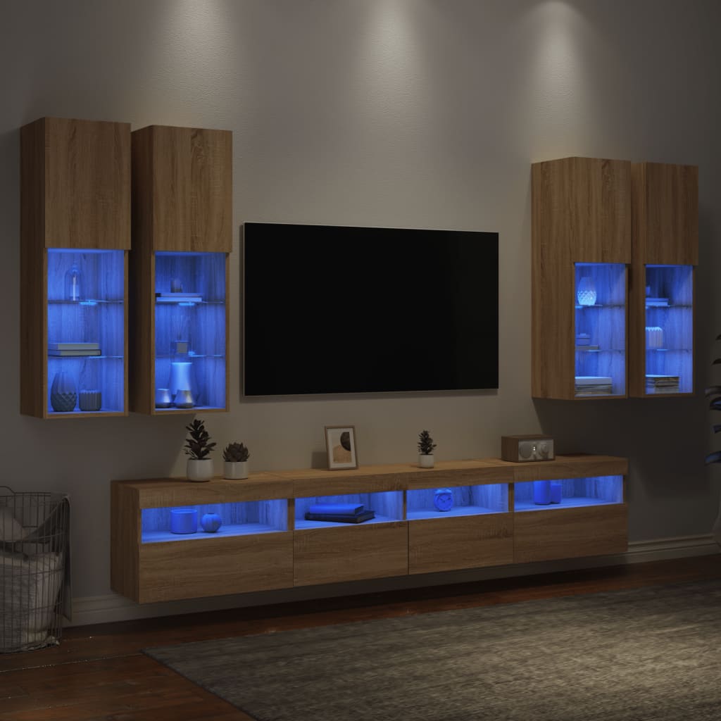 vidaXL Set Mobili TV a Muro 7 pz con Luci LED Rovere Sonoma