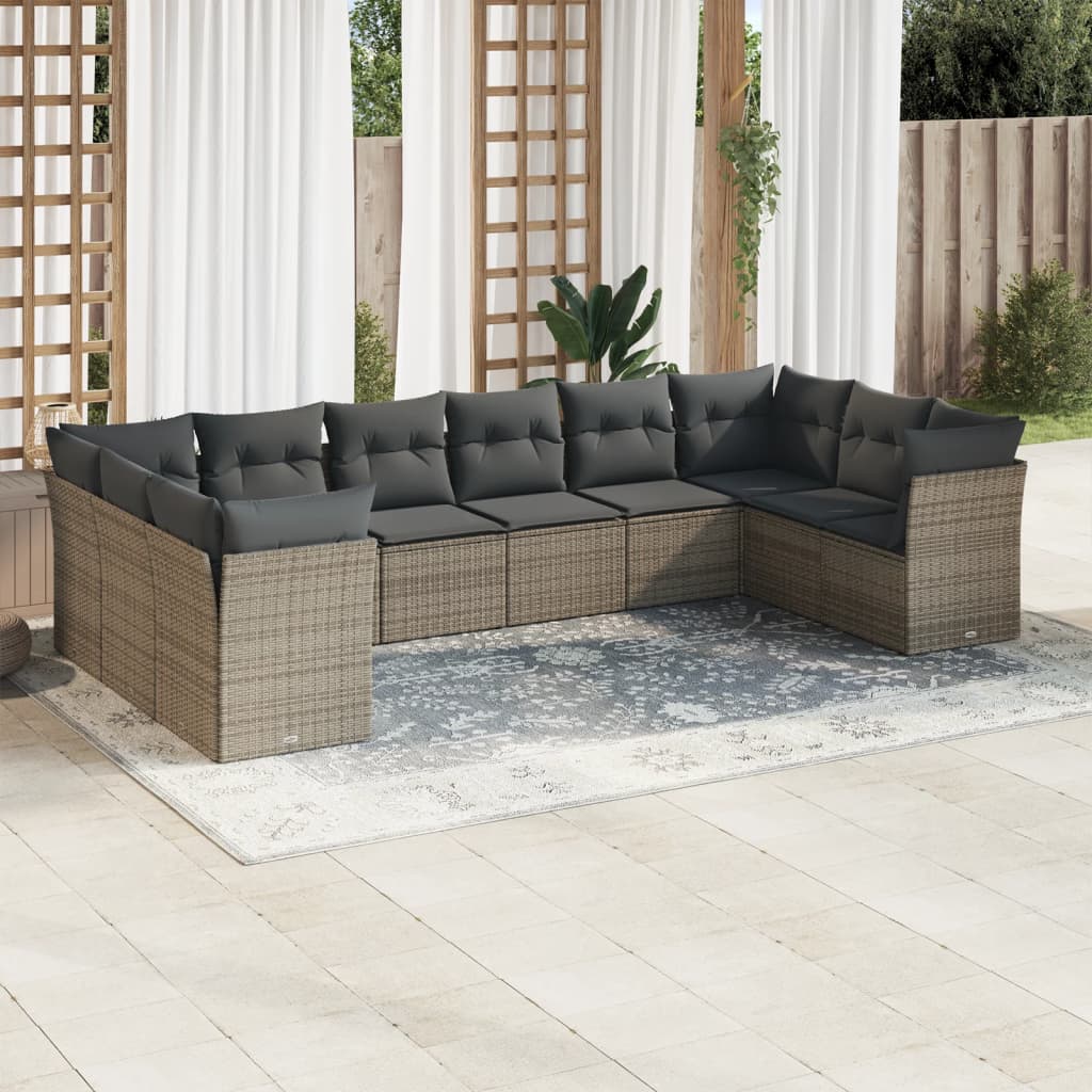 vidaXL Set Divano da Giardino 10 pz con Cuscini Grigio in Polyrattan