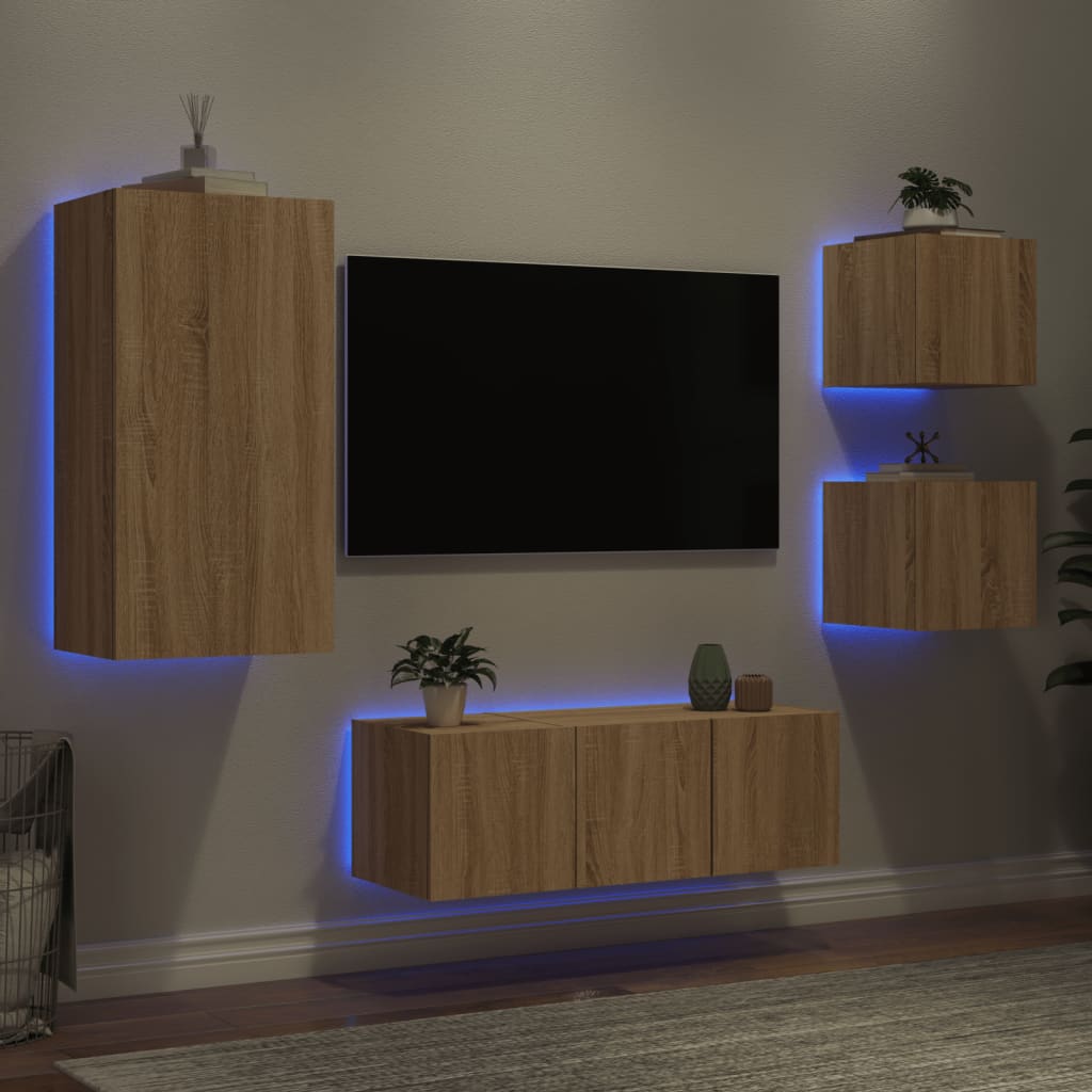 vidaXL Mobili TV a Muro con LED 5pz Rovere Sonoma Legno Multistrato