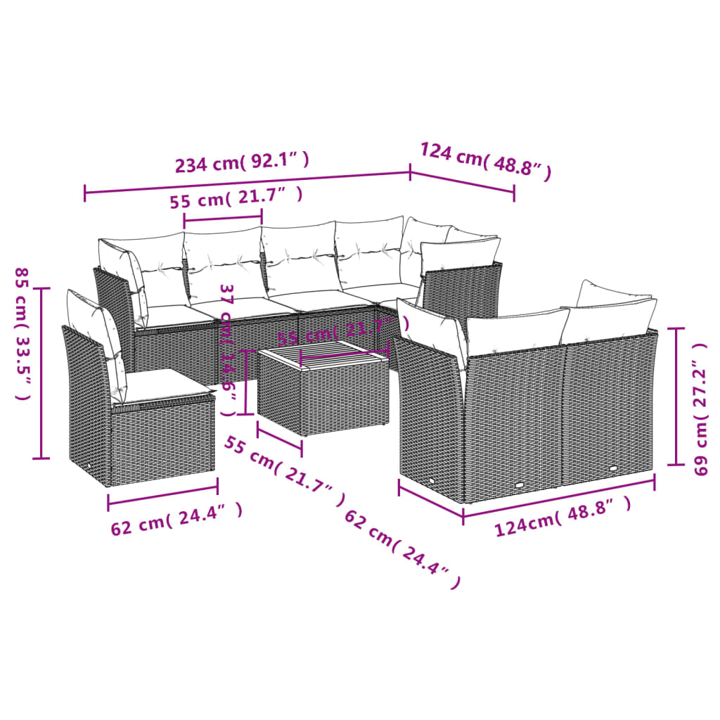 vidaXL Set Divani da Giardino 9 pz con Cuscini Nero in Polyrattan