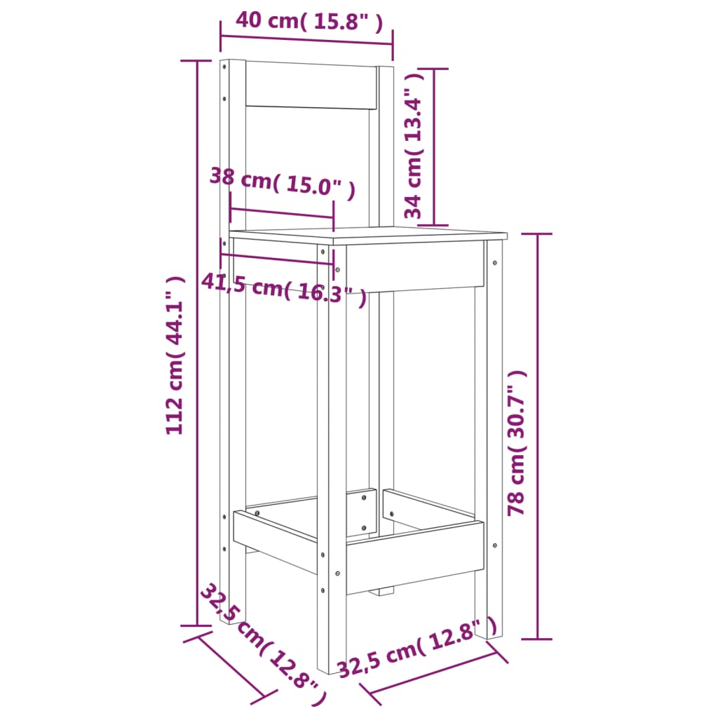 vidaXL Sedie da Bar 2 pz Nere 40x41,5x112 cm Legno Massello di Pino