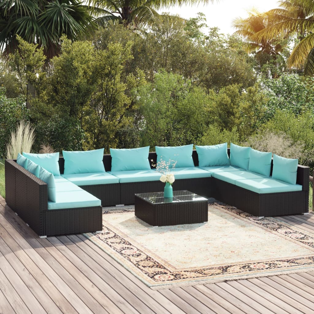 vidaXL Set Divani da Giardino 10 pz con Cuscini in Polyrattan Nero