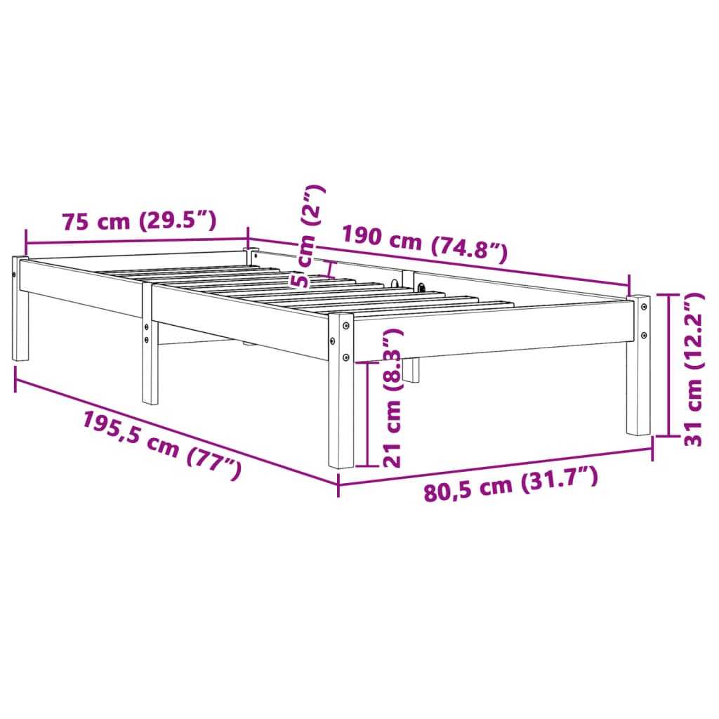 vidaXL Letto senza Materasso Marrone Cera 75x190 cm in Legno di Pino