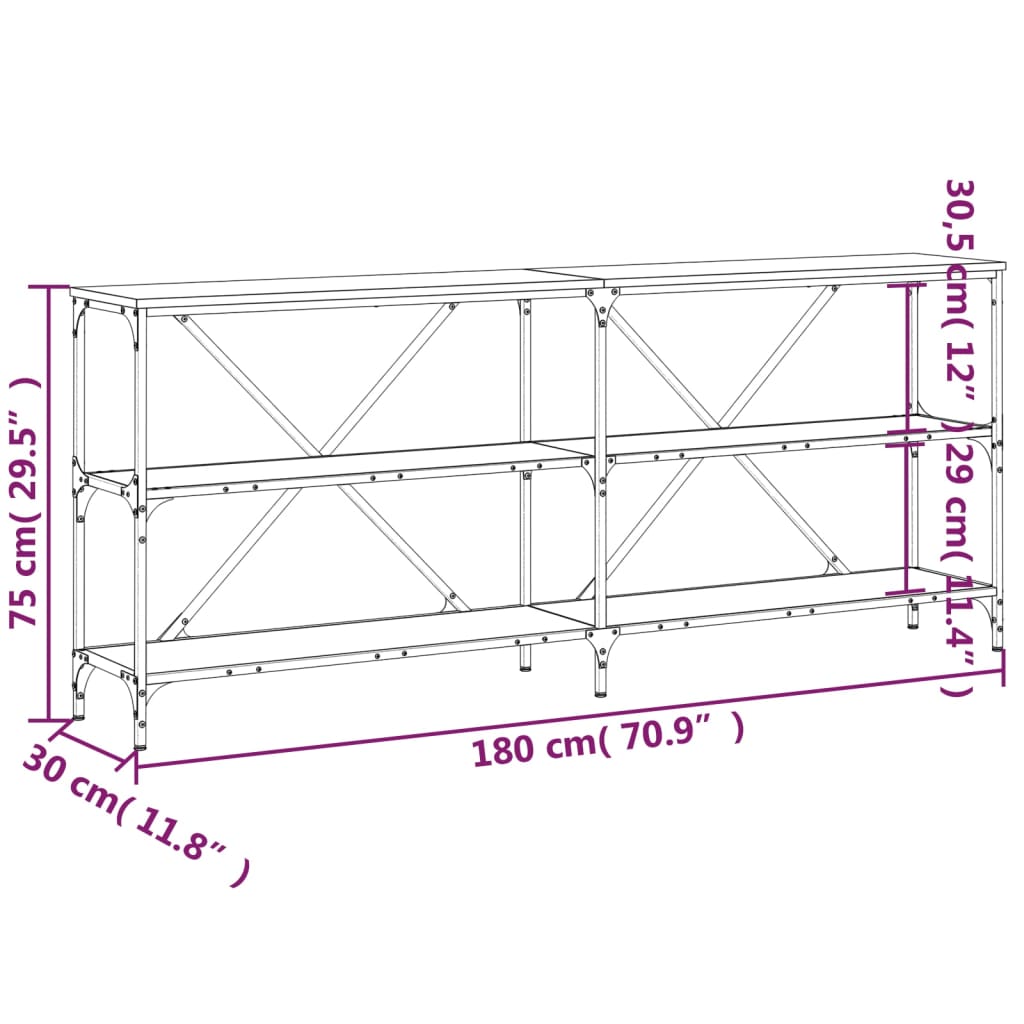 vidaXL Tavolo Consolle Rovere Fumo 180x30x75cm Legno Multistrato Ferro