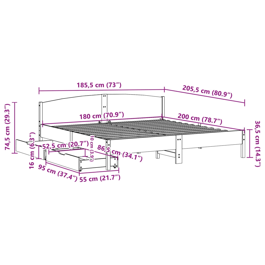 vidaXL Letto senza Materasso Bianco 180x200 cm Legno Massello di Pino