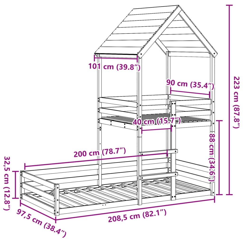 vidaXL Letto a Castello con Tetto Cera 90x200 cm Legno Massello Pino