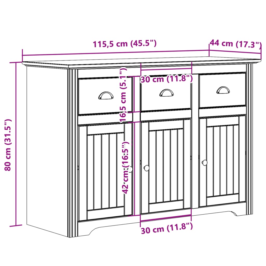 vidaXL Credenza BODO 115,5x44x80 cm Legno Massello Pino Bianco Marrone