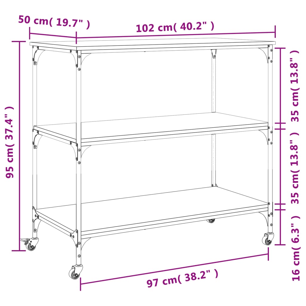 vidaXL Carrello da Cucina Rovere Sonoma 102x50x95 cm