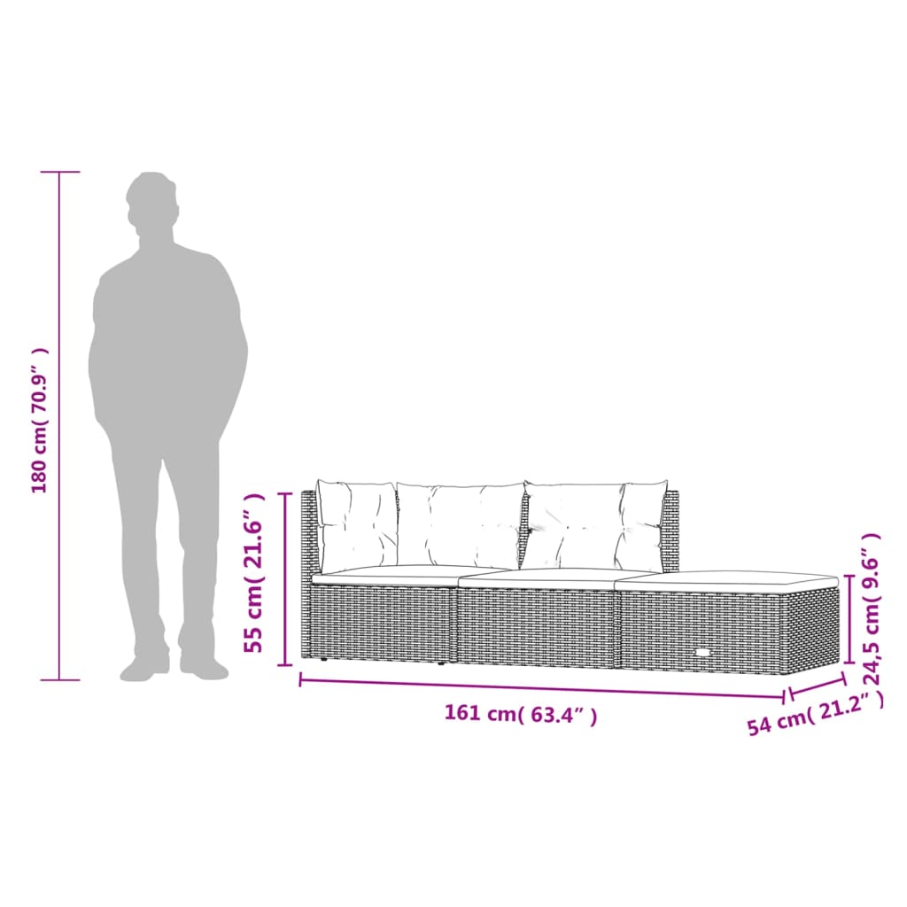 vidaXL Set Divani da Giardino 3 pz con Cuscini in Polyrattan Grigio