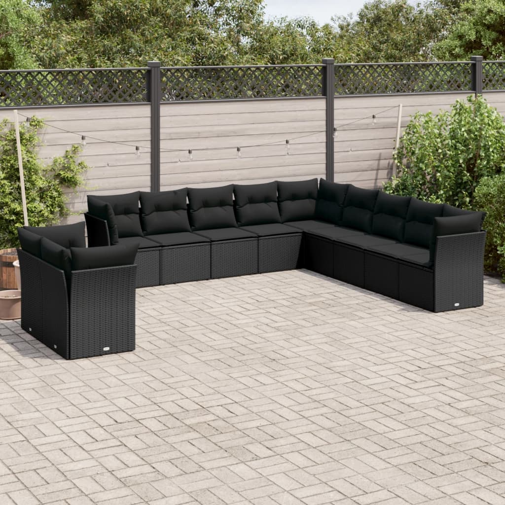 vidaXL Set Divani da Giardino 11 pz con Cuscini in Polyrattan Nero