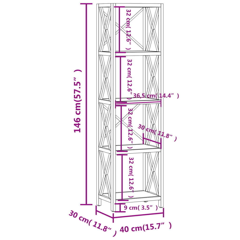 vidaXL Scaffale a 5 Ripiani 40x30x146 cm in Legno Massello di Rovere