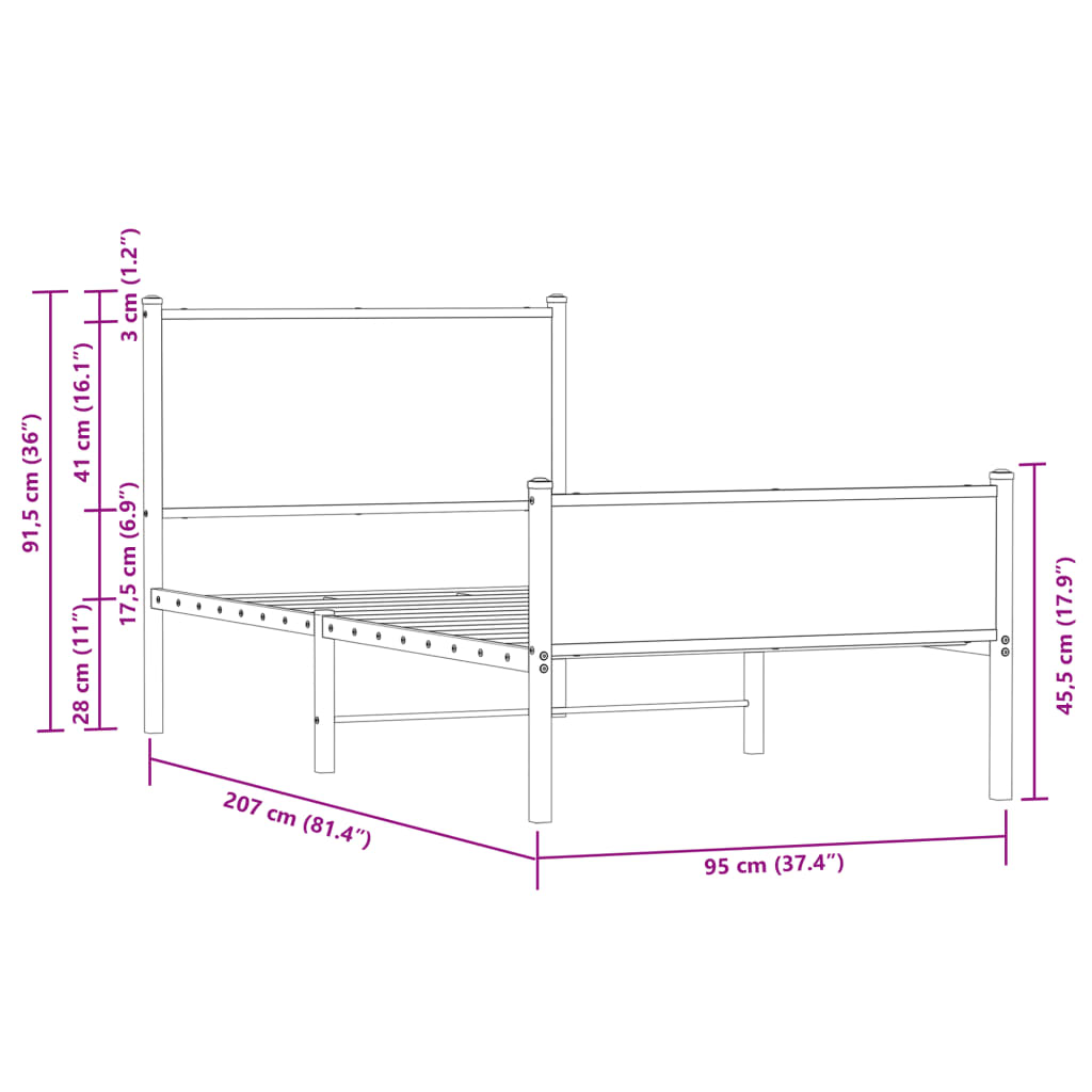 vidaXL Giroletto senza Materaso in Metallo Rovere Fumo 90x200 cm