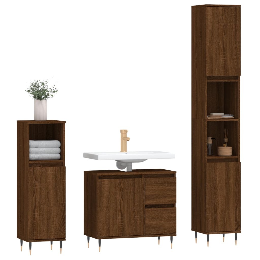 vidaXL Set Mobili da Bagno 3 pz Rovere Marrone in Legno Multistrato