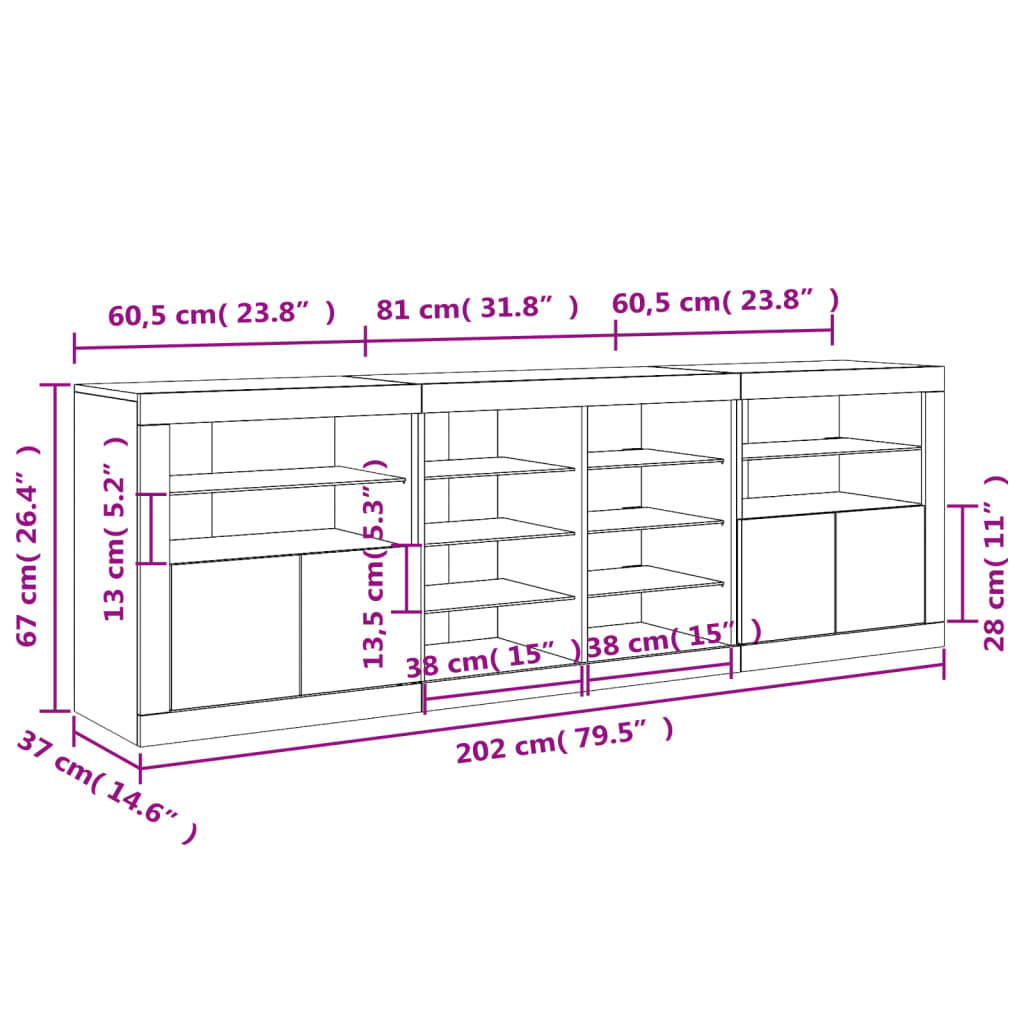 vidaXL Credenza con Luci LED Bianca 202x37x67 cm