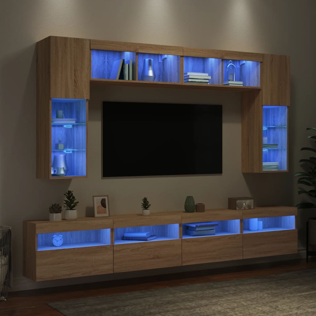 vidaXL Set Mobili TV a Muro 8 pz con Luci LED Rovere Sonoma