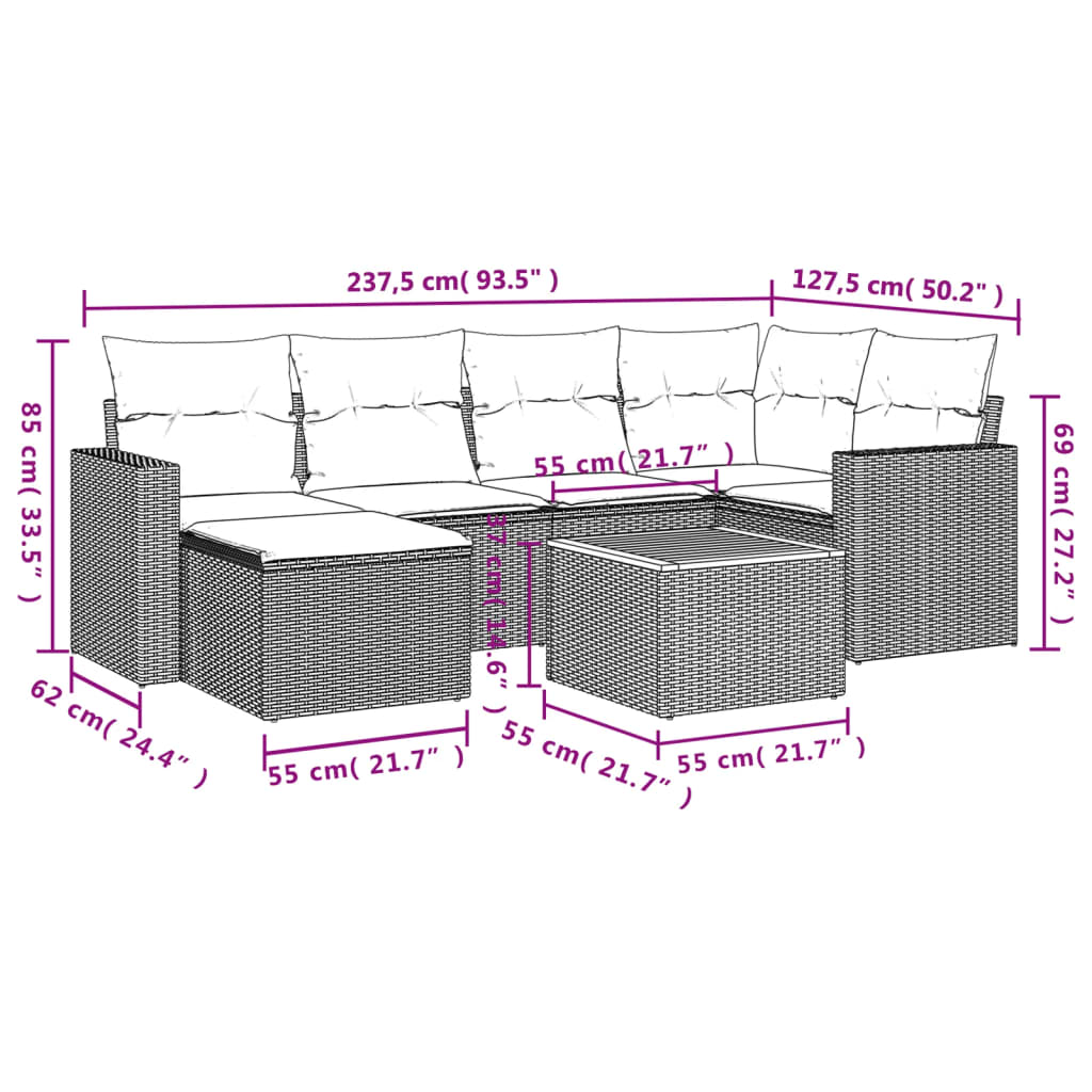 vidaXL Set Divani da Giardino 7 pz con Cuscini Grigio in Polyrattan