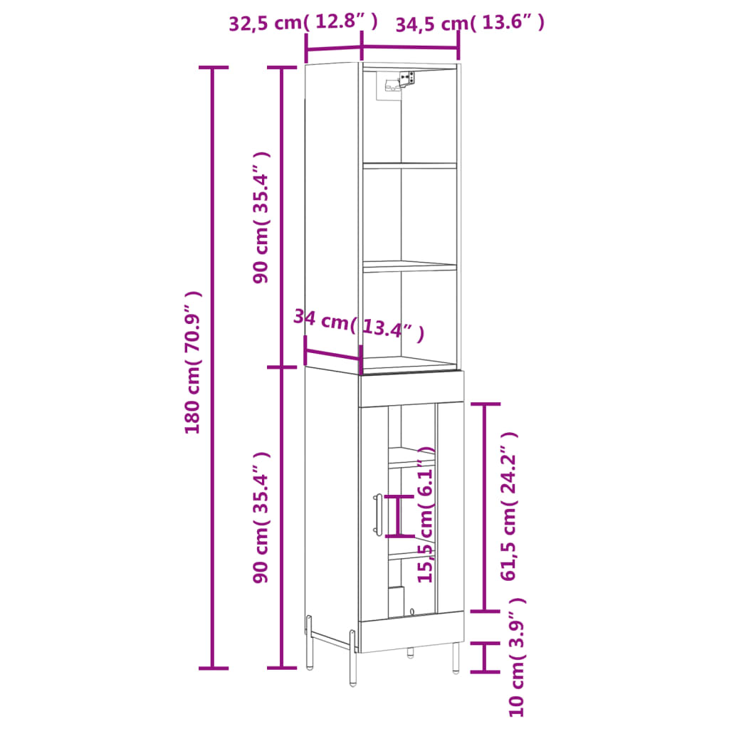 vidaXL Credenza 34,5x34x180 cm in Legno Multistrato Bianco Lucido