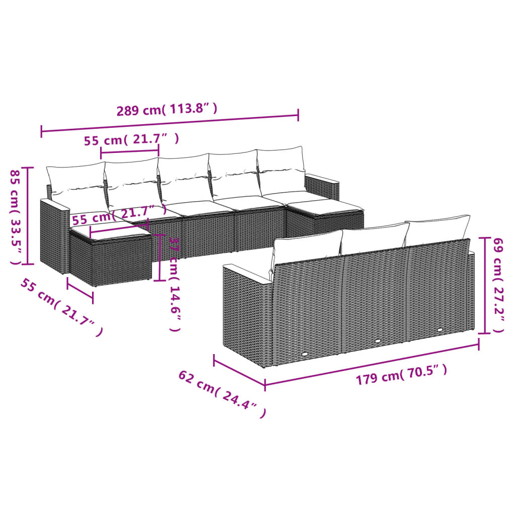 vidaXL Set Divano da Giardino 10 pz con Cuscini Beige Misto Polyrattan